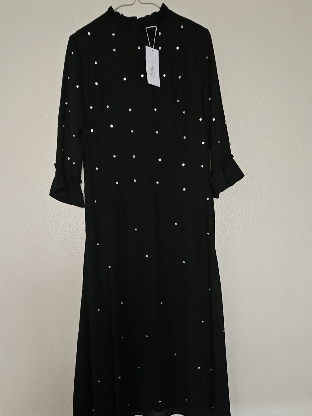 NWT Banse Couture Stella Dress Black Mock Neck Ruffle Rhinestone Midi Size M..